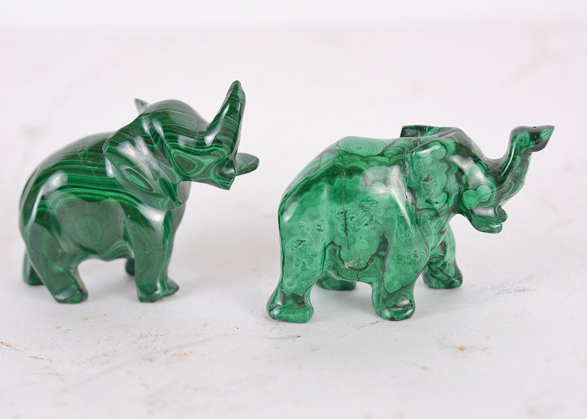 Vibrant Carved Malachite Elephant Figurines