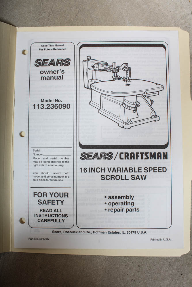 Sears Craftsman 16 Inch Variable Speed Scroll Saw