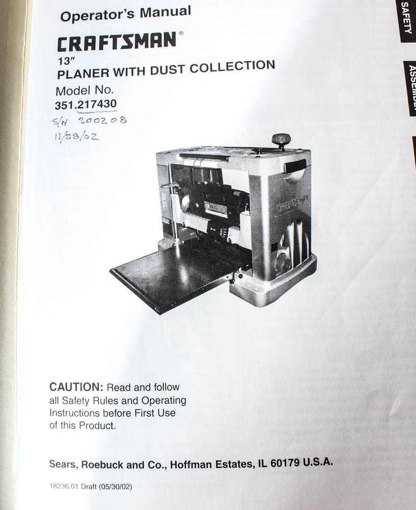 Sears Craftsman 13 Inch Planer with Dust Collector