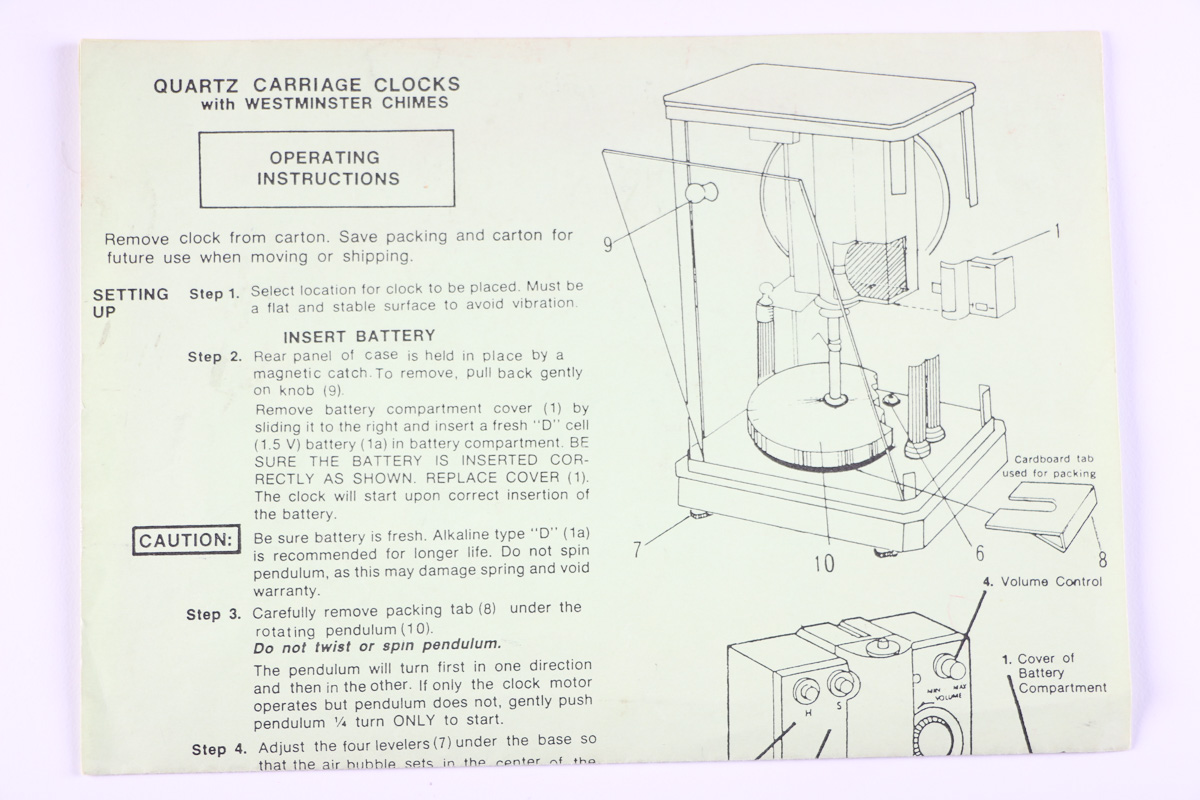 Elgin Westminster Chime Quartz Carriage Clock with Instructions
