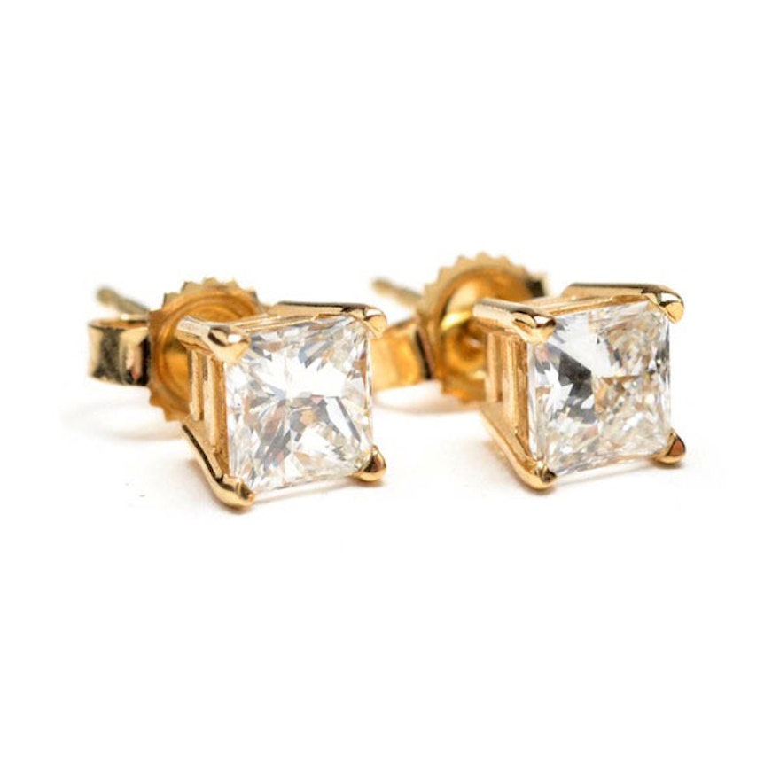 14K Yellow Gold Princess Cut Diamond Earrings