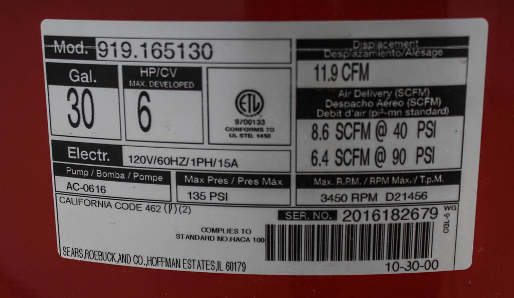 Craftsman 6 HP 30 Gal Air Compressor