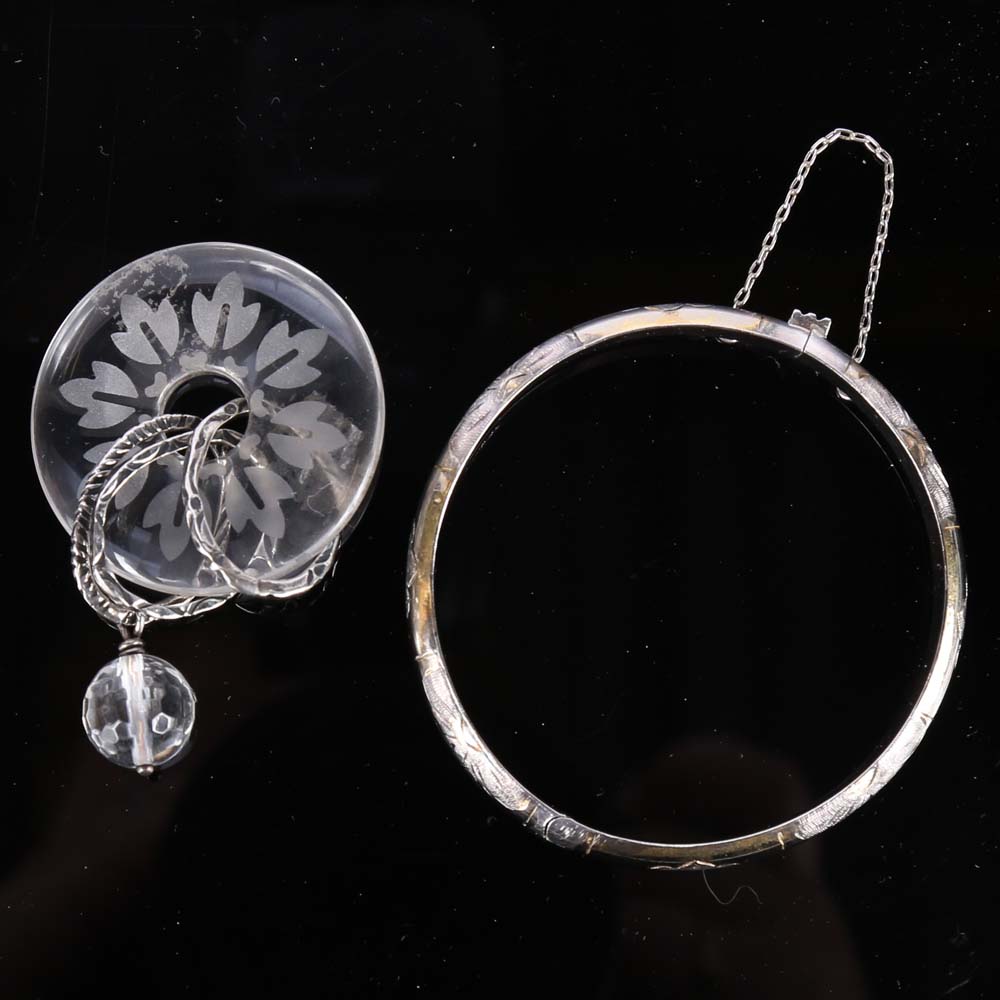 Sterling Silver Bangle Bracelet and Glass Pendant