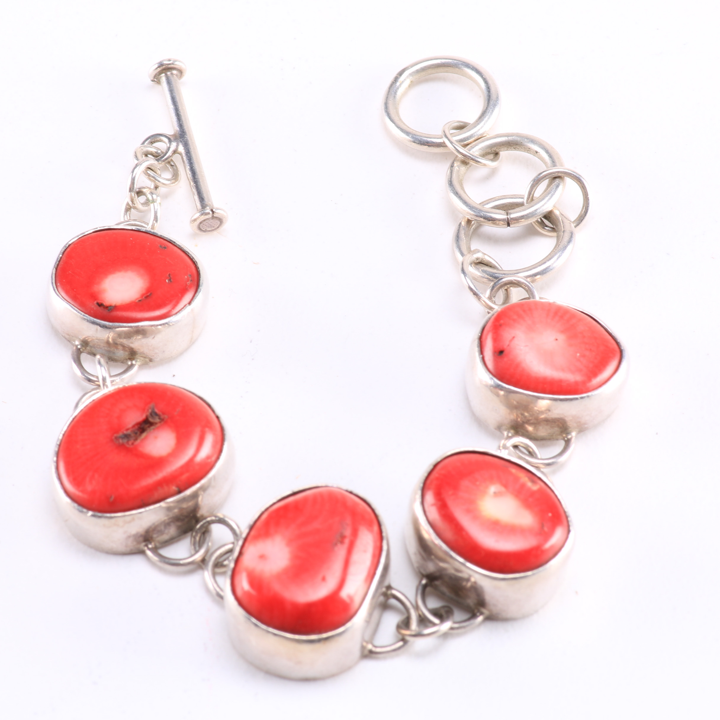 Silver Tone Bracelet with Red Coral Stones