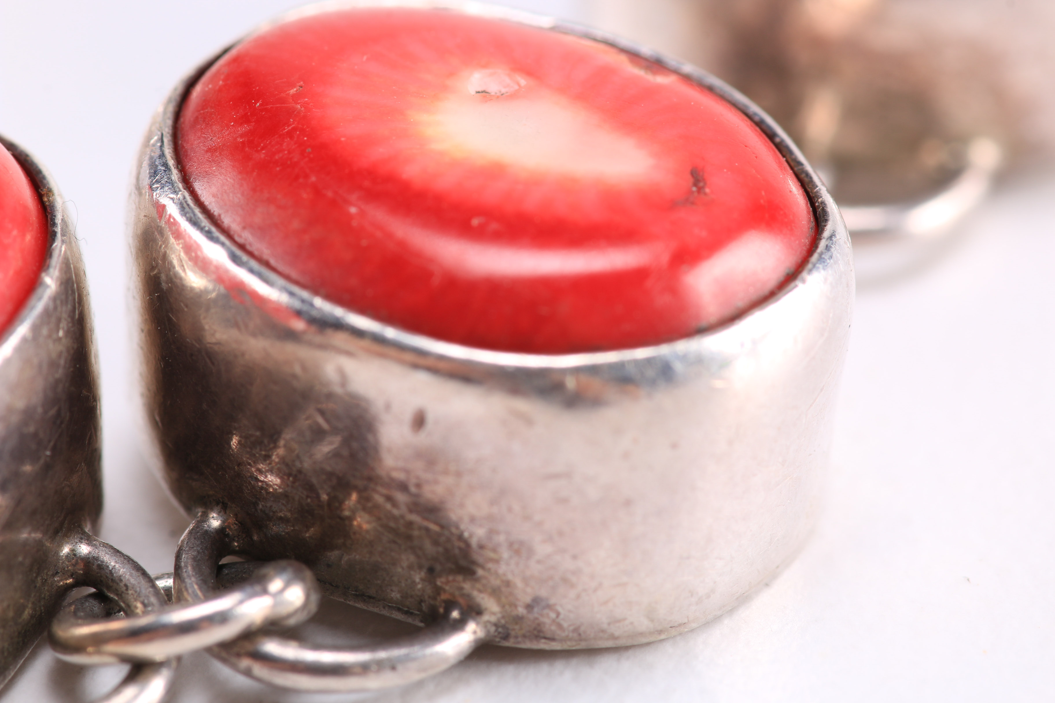 Silver Tone Bracelet with Red Coral Stones