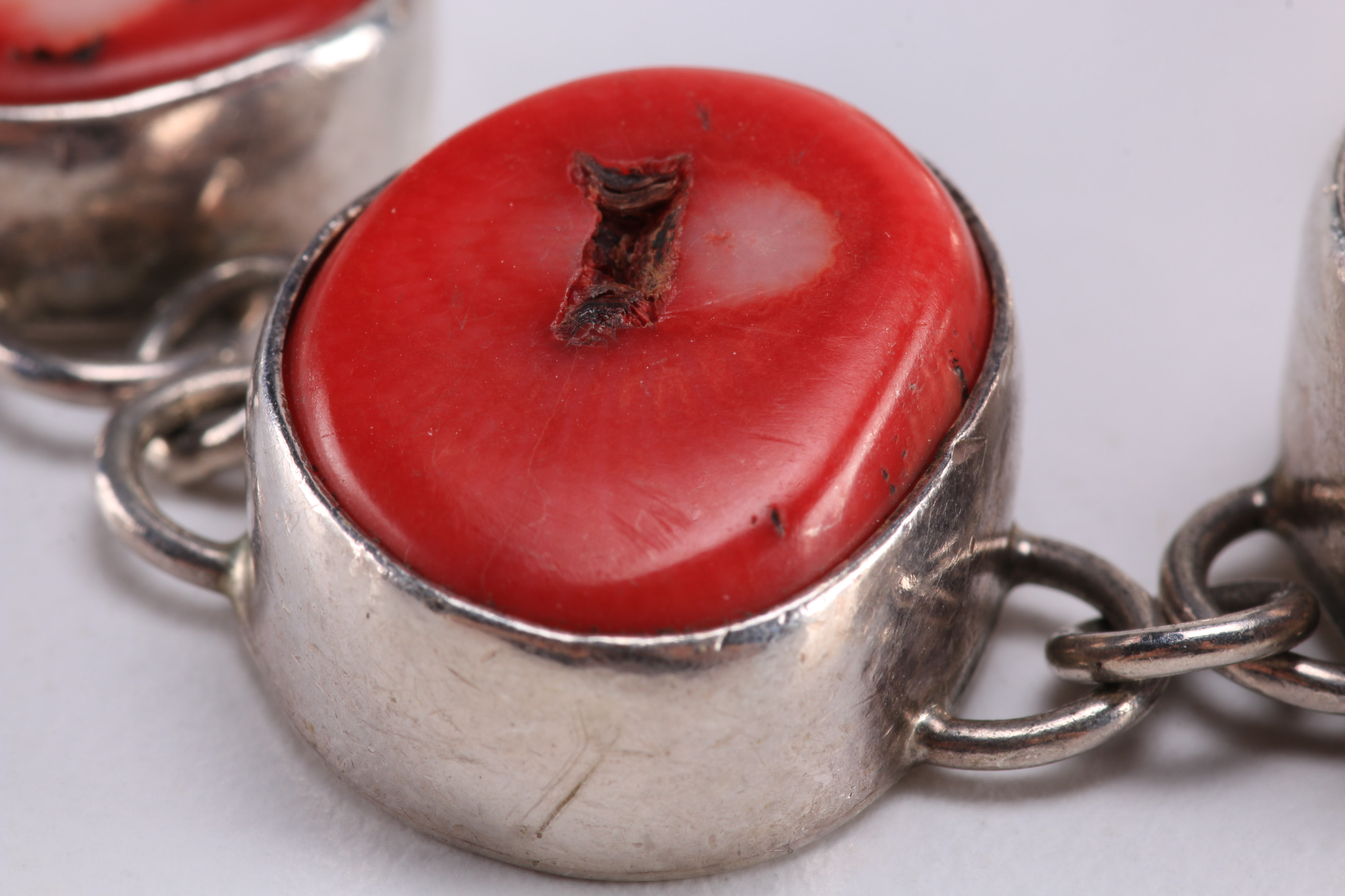 Silver Tone Bracelet with Red Coral Stones