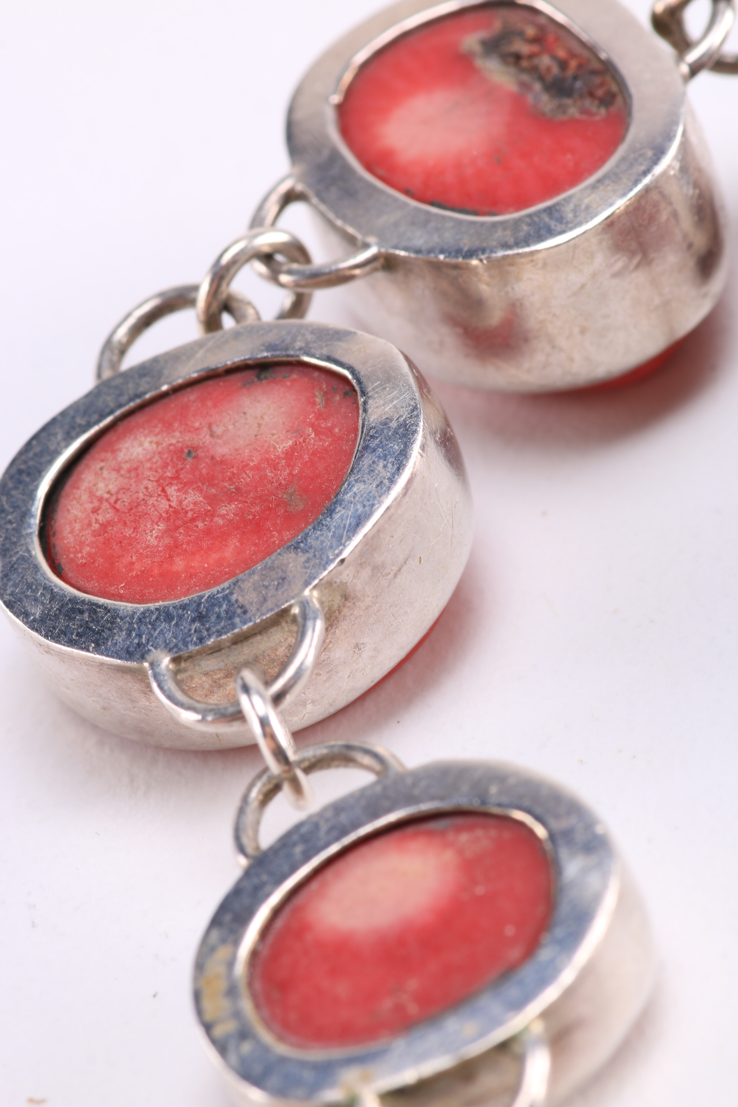 Silver Tone Bracelet with Red Coral Stones