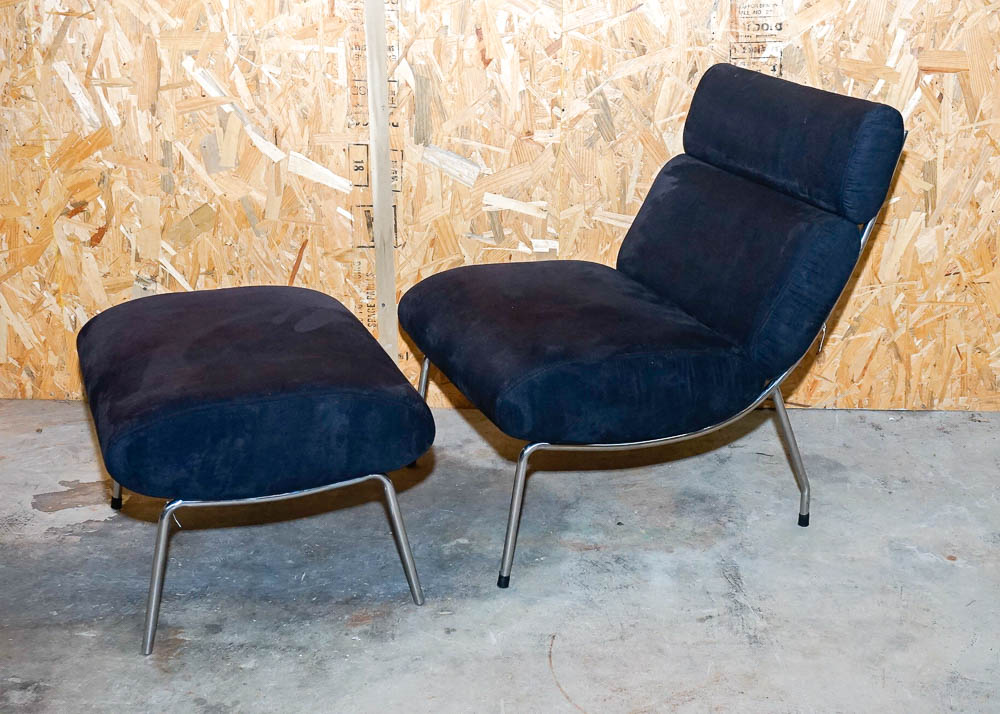 Contemporary Style Black Plush Chair and Ottoman