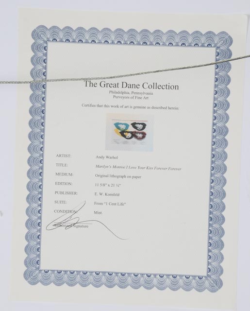 Andy Warhol Limited Edition Lithograph on Paper "Marilyn Monroe I Love Your Kiss Forever Forever" for One Cent Life Portfolio