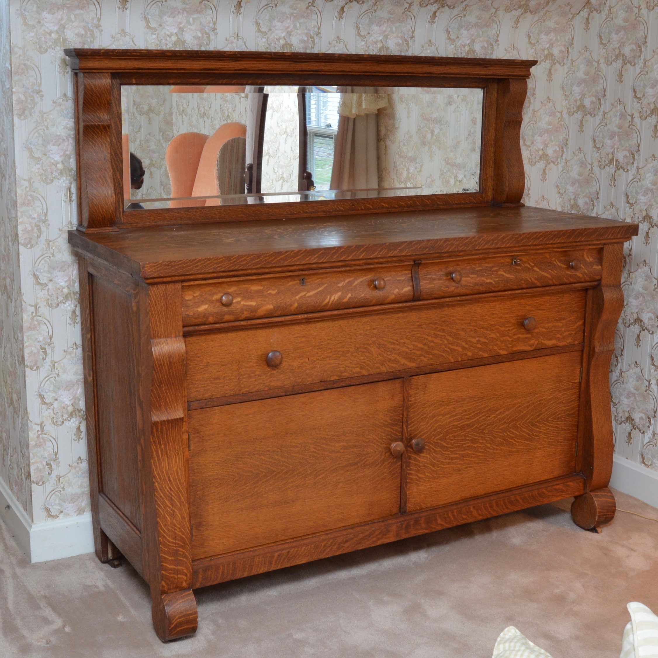 Antique American Empire Style Oak Sideboard, Circa 1910