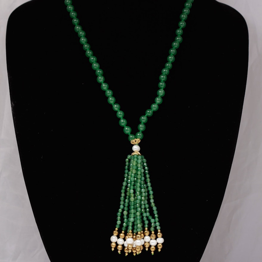 Green Jadeite Bead and Freshwater Pearl Tassel Necklace