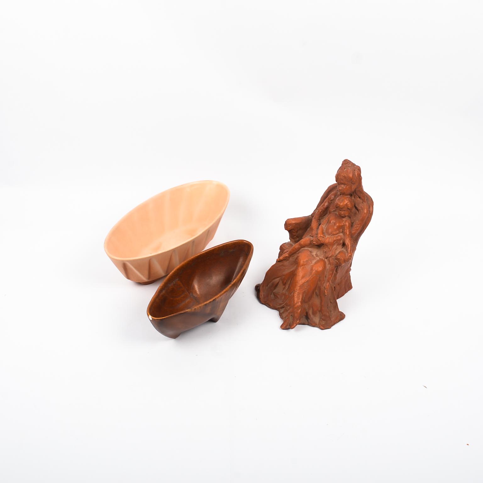 Mother and Child Figure with Pair of Oval Pottery Dishes