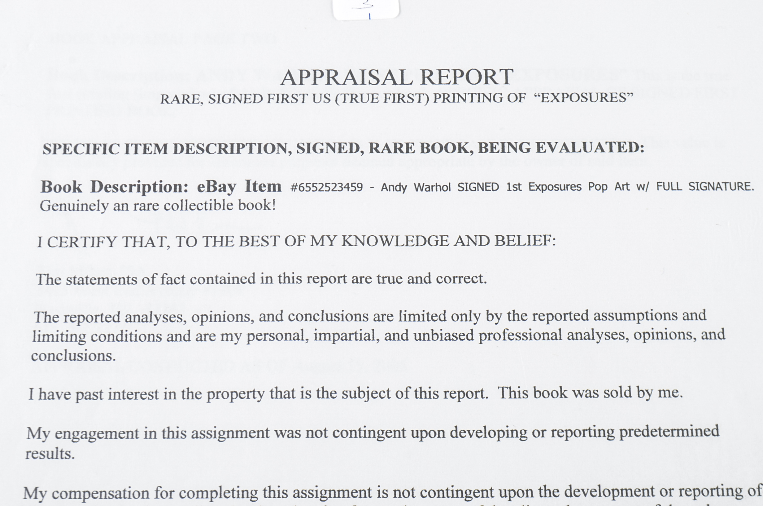 "Andy Warhol's Exposures" First Printing Hardcover Signed by Warhol