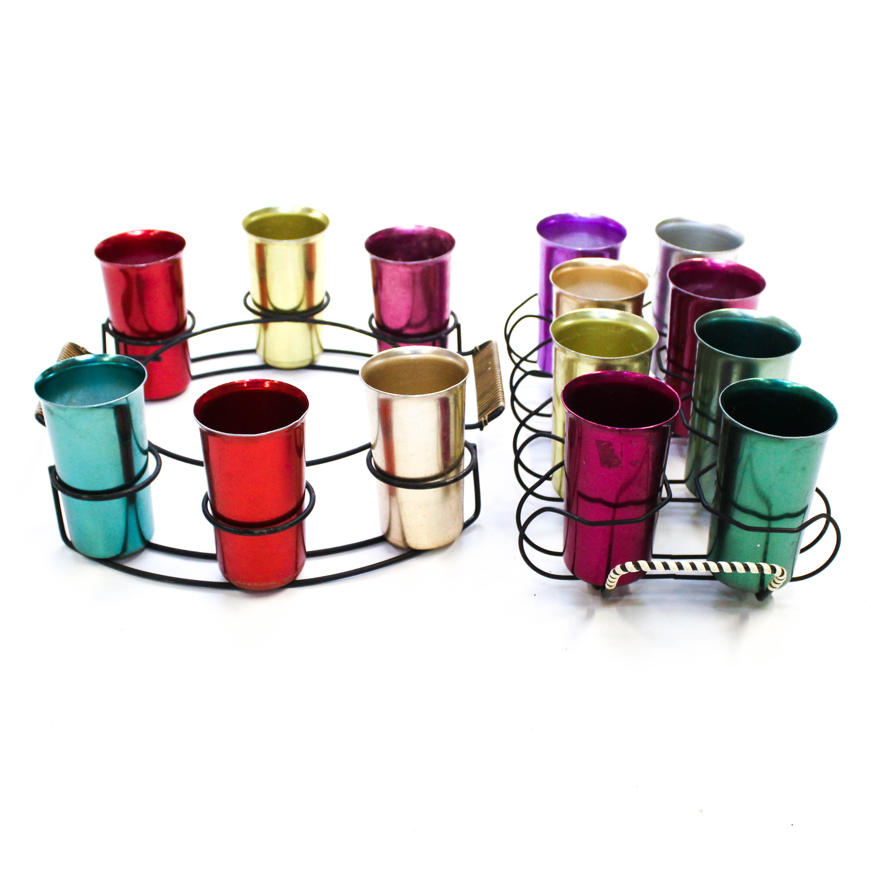 Mid Century Modern Sunburst Aluminum Tumblers with Carrying Trays Circa 1950s