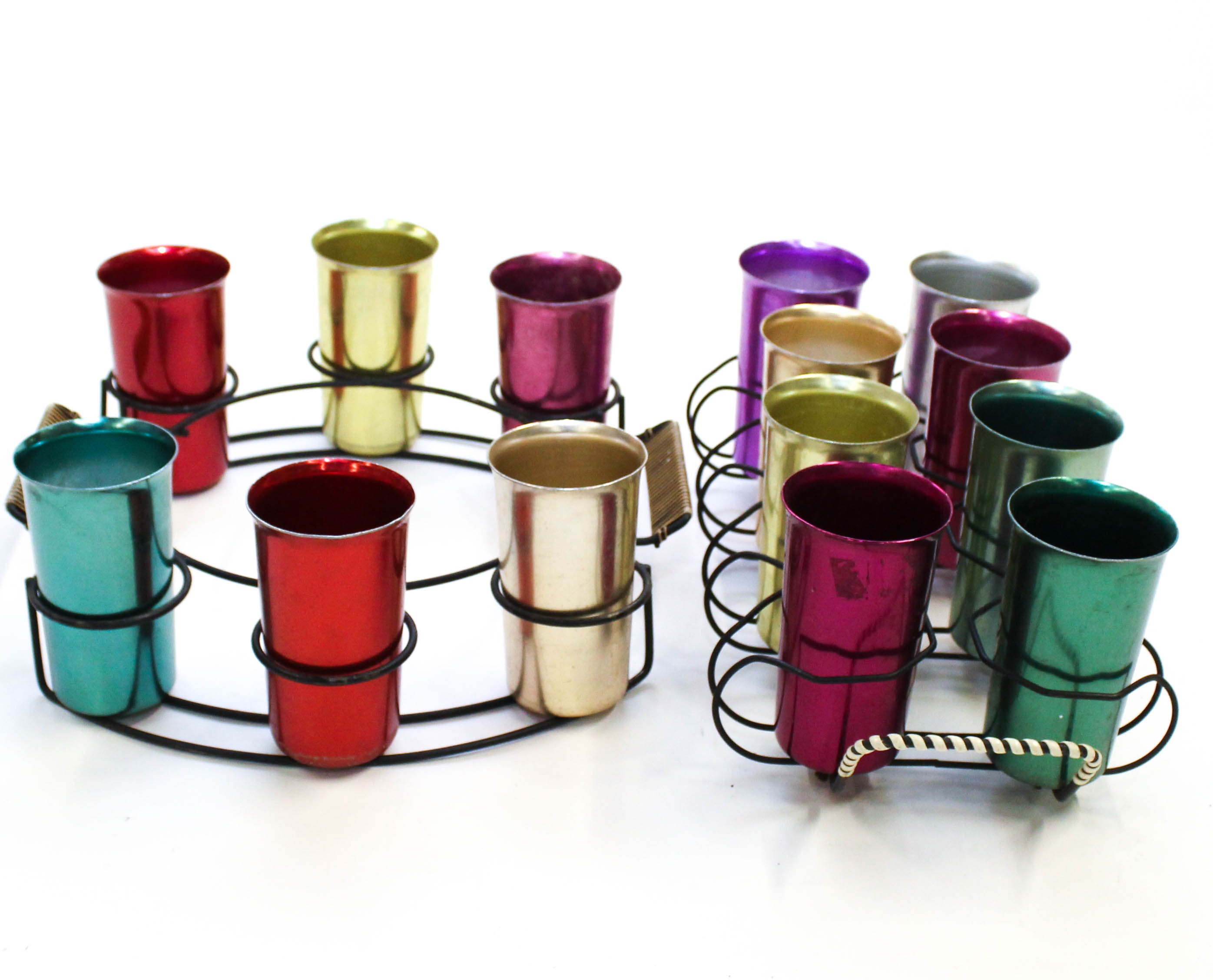 Mid Century Modern Sunburst Aluminum Tumblers with Carrying Trays Circa 1950s