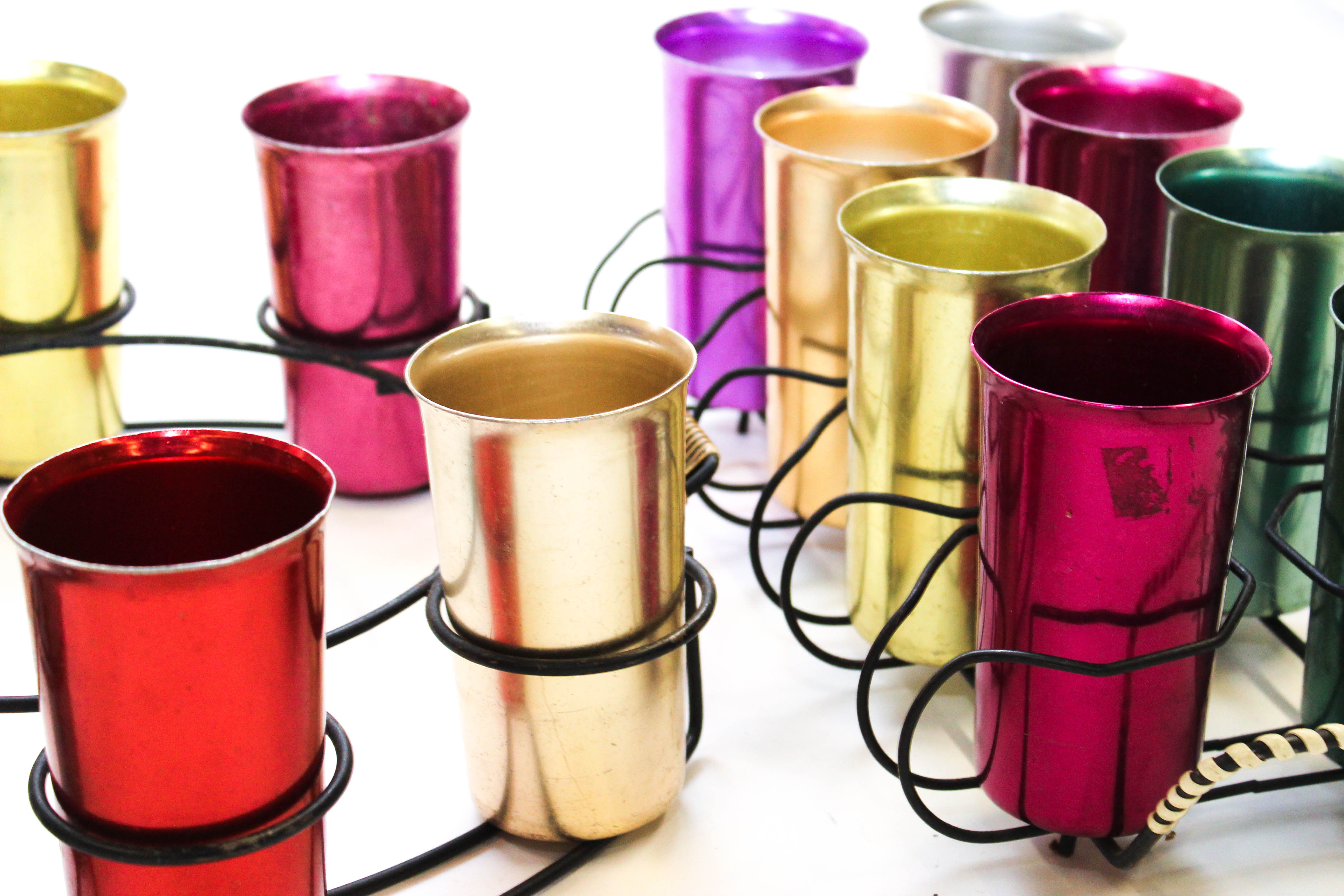 Mid Century Modern Sunburst Aluminum Tumblers with Carrying Trays Circa 1950s