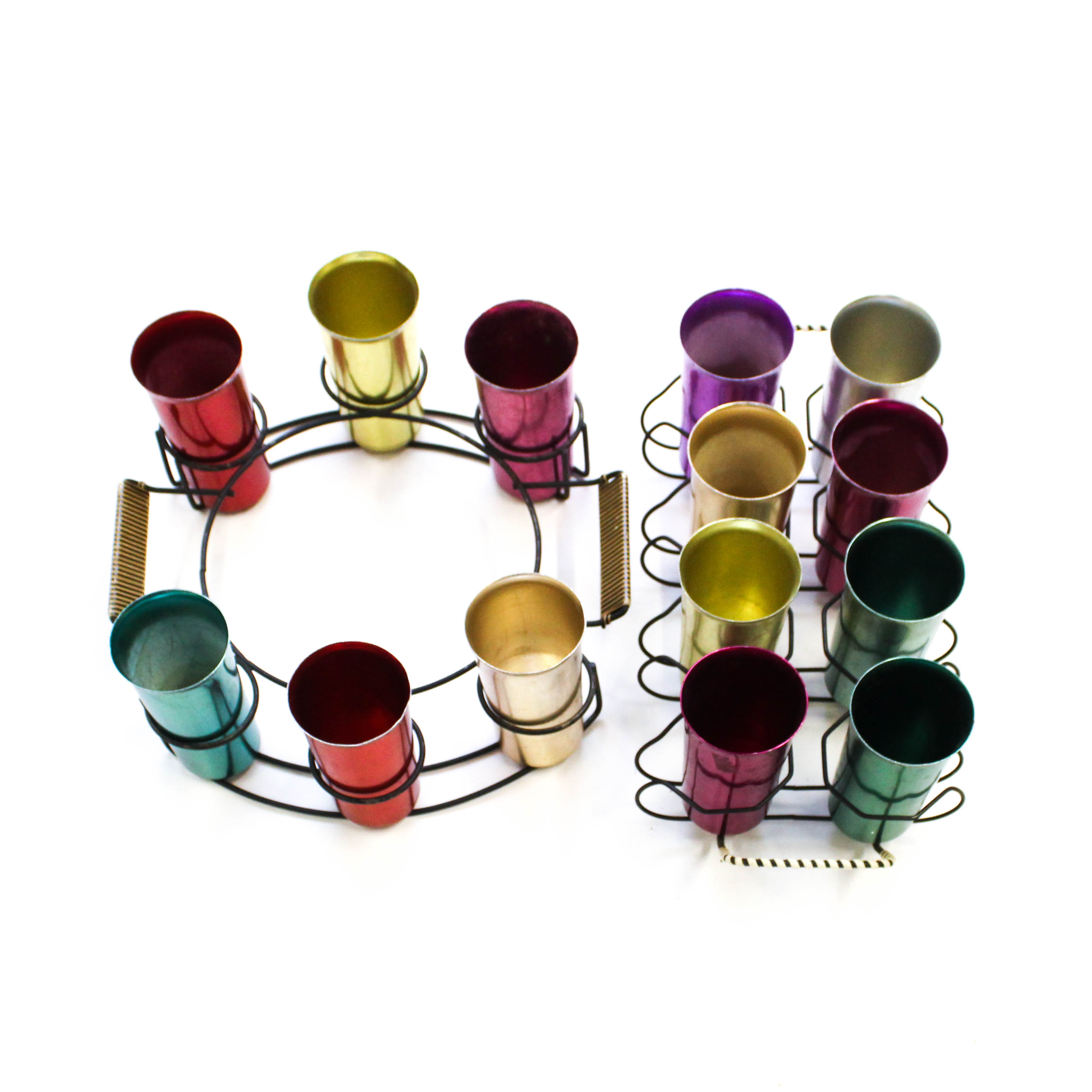 Mid Century Modern Sunburst Aluminum Tumblers with Carrying Trays Circa 1950s