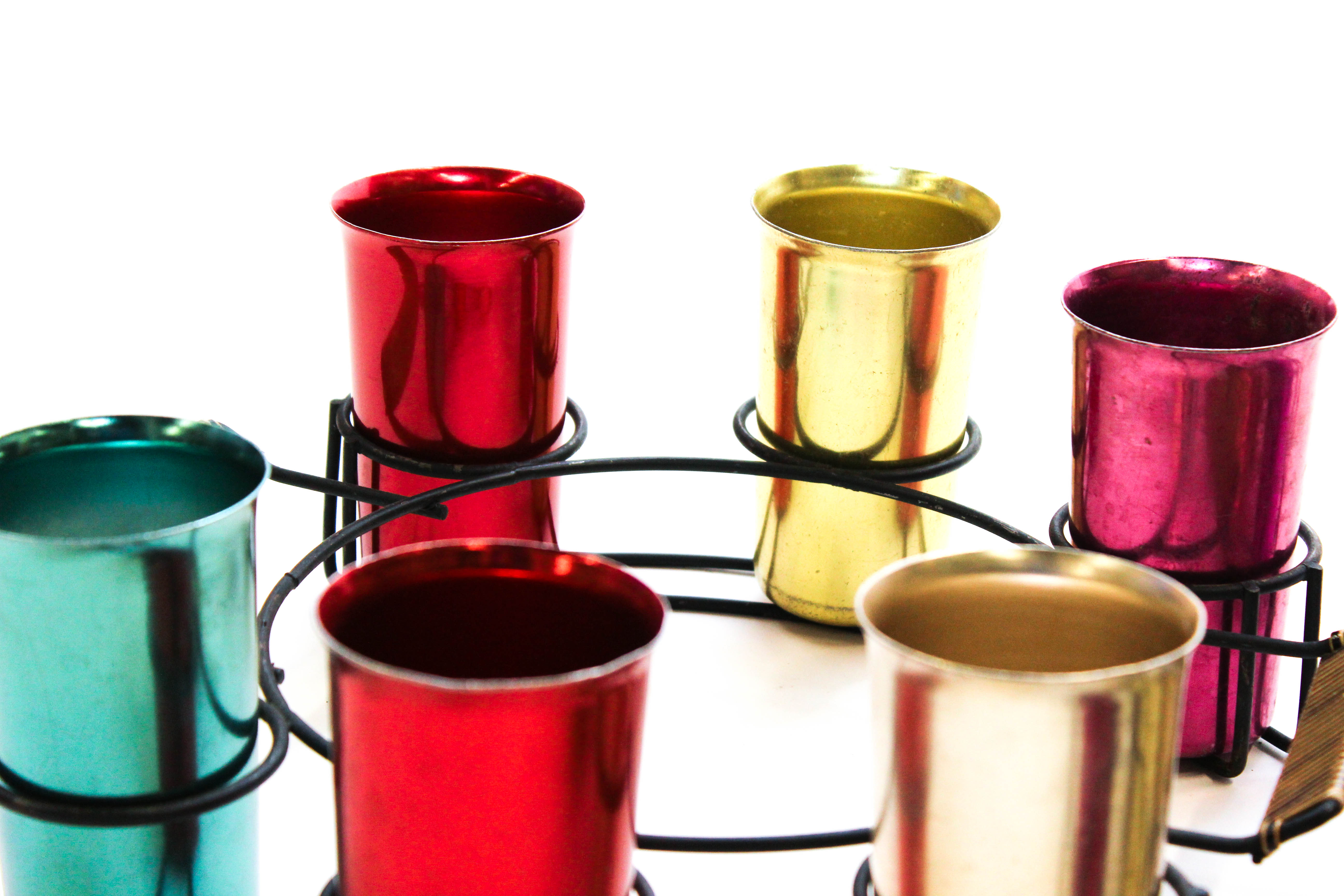 Mid Century Modern Sunburst Aluminum Tumblers with Carrying Trays Circa 1950s