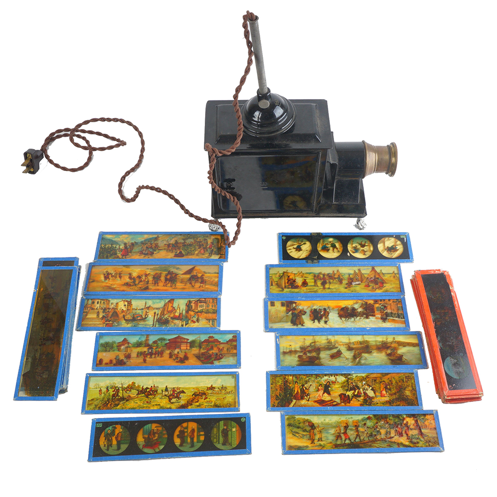 Antique Magic Lantern Projector With Glass Slides Included