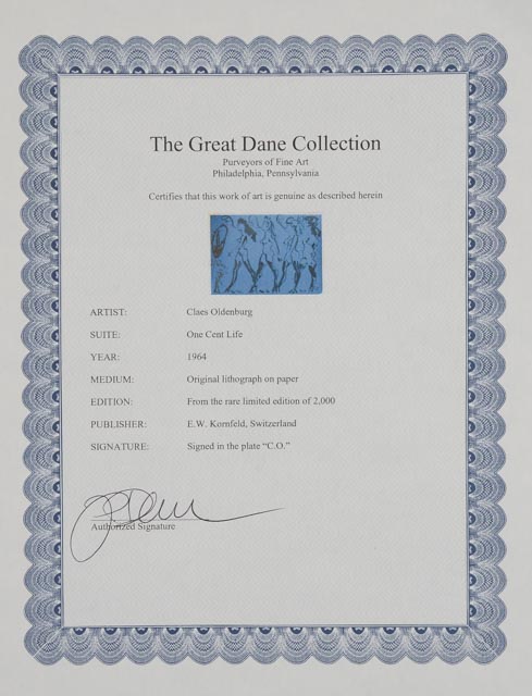 Claes Oldenburg Limited Edition Lithograph on Paper from One Cent Life Portfolio