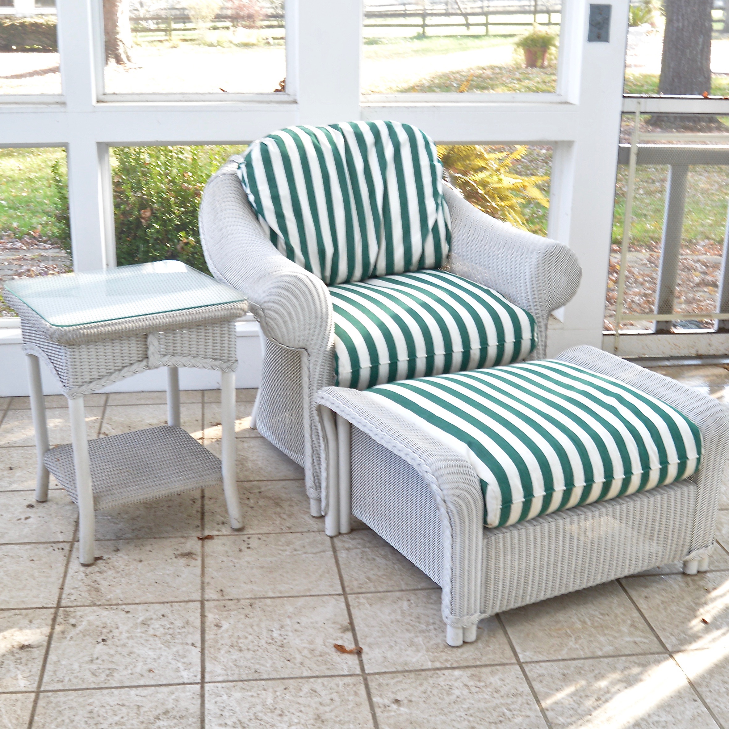 Wicker Patio Chair, Ottoman and Side Table by Lloyd Flanders
