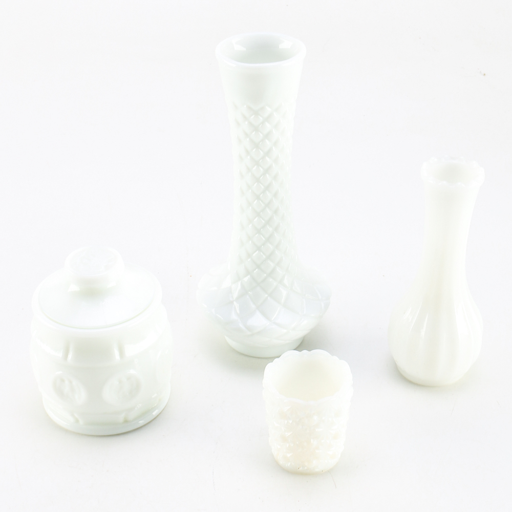 Four Milk Glass Vases and Jars
