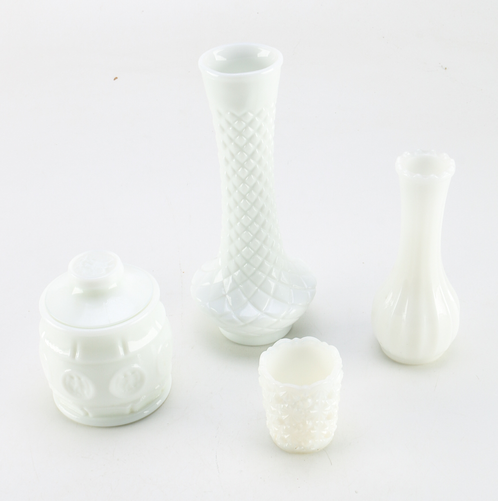 Four Milk Glass Vases and Jars