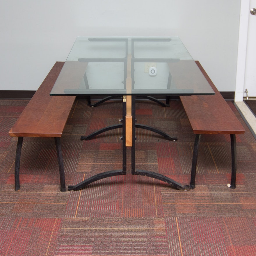 Handcrafted Glass Top Table and Benches