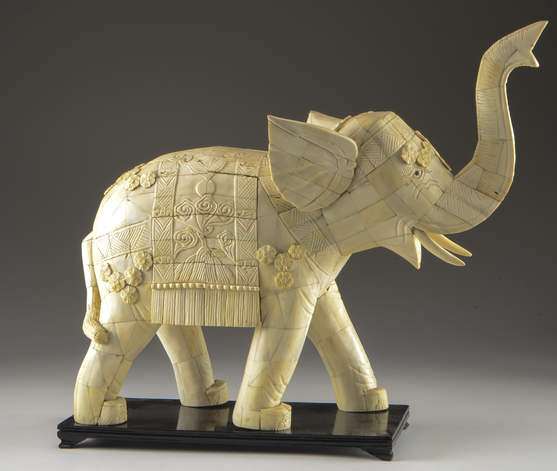 Large Chinese Tessellated Bone Elephant Sculpture on Lacquered Base
