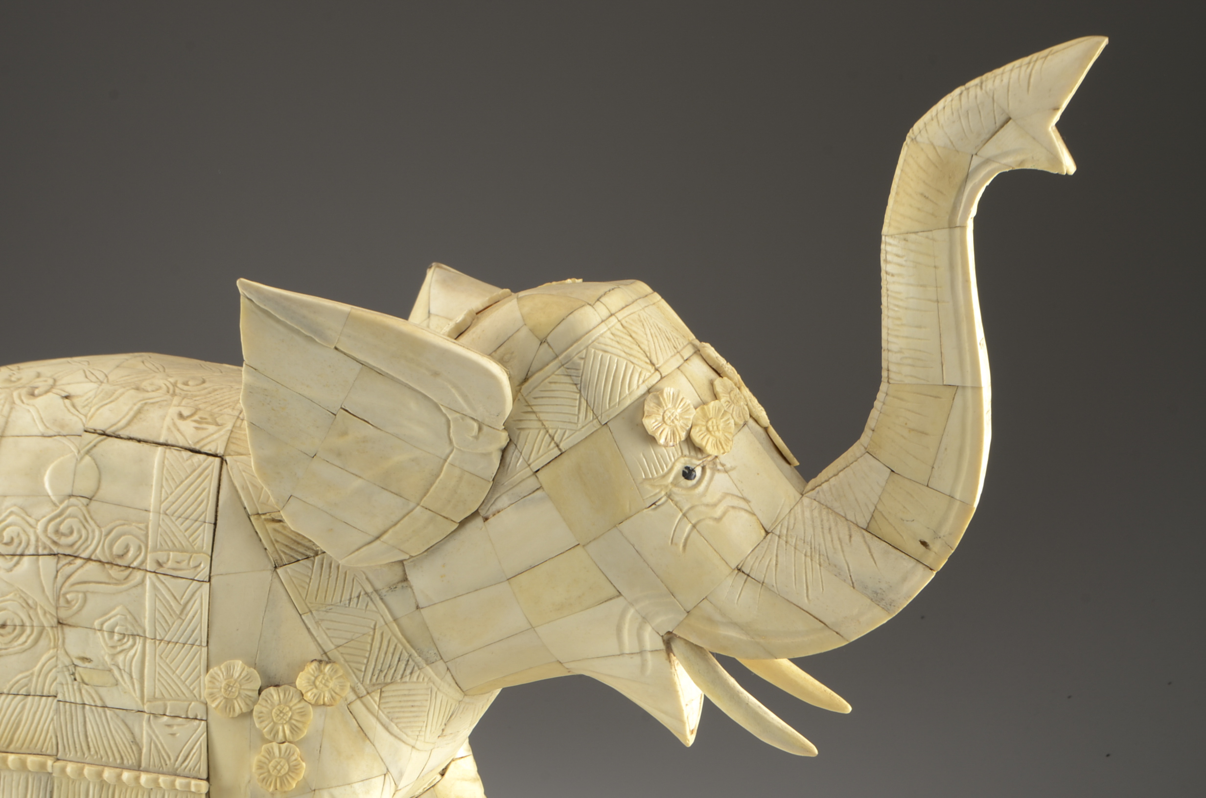 Large Chinese Tessellated Bone Elephant Sculpture on Lacquered Base