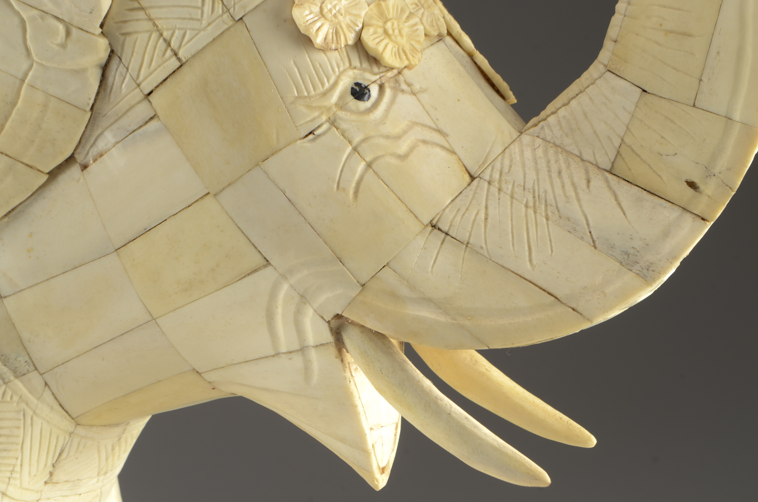 Large Chinese Tessellated Bone Elephant Sculpture on Lacquered Base