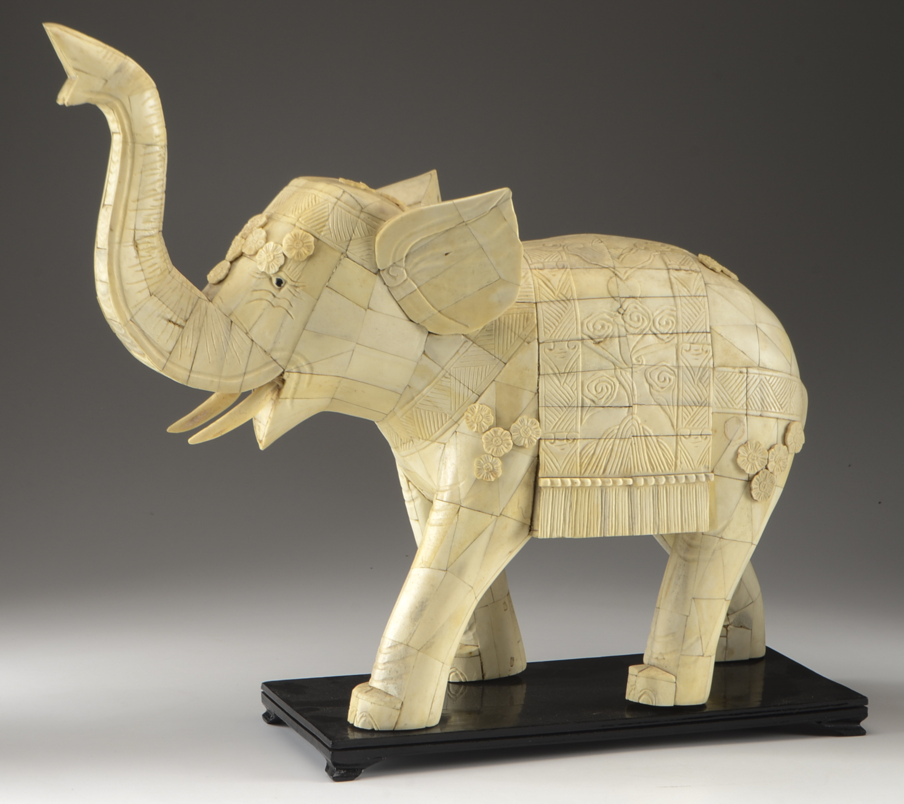 Large Chinese Tessellated Bone Elephant Sculpture on Lacquered Base