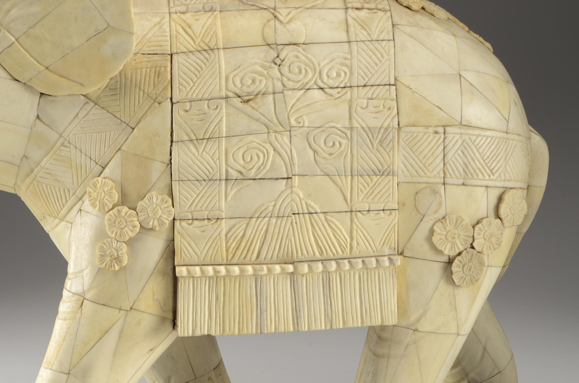 Large Chinese Tessellated Bone Elephant Sculpture on Lacquered Base