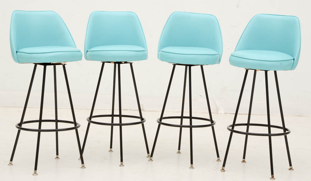 Set of Four Mid-Century Turquoise Bar Stools