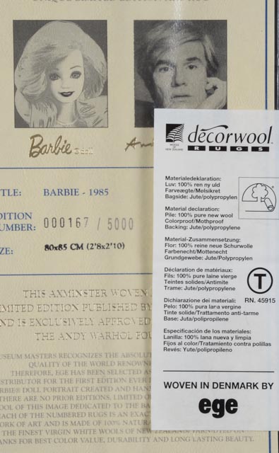 Ege Denmark Limited Edition Wool Rug Wall Hanging after Andy Warhol "Barbie"