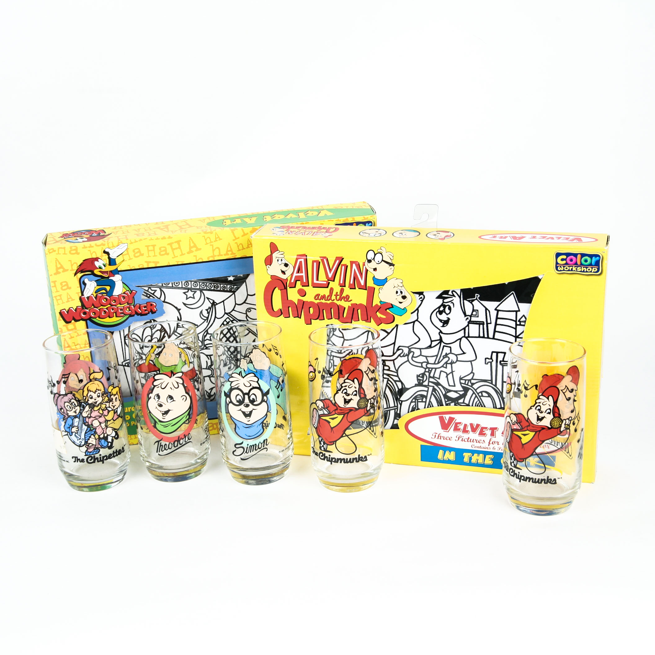 Alvin the Chipmunk and Woody Woodpecker Glasses and Velvet Art