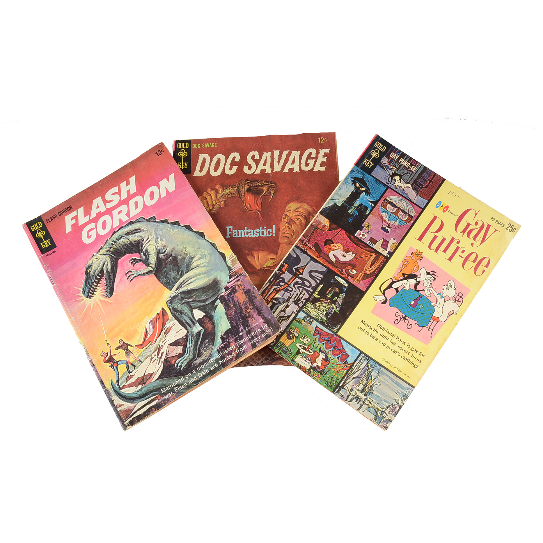 Three 1960s Vintage Gold Key Comics - Doc Savage, Flash Gordon, Gay Purr-ee