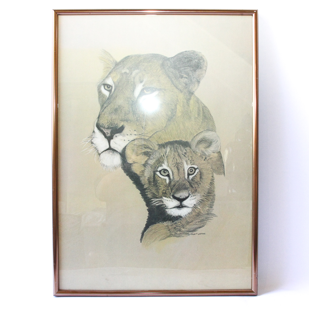 Hans P. Luetcke Offset Lithograph of a Lioness and Cub