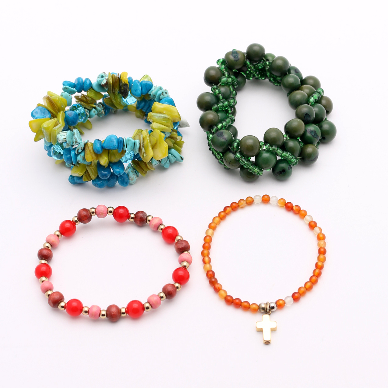 Glass, Shell, and Nut Bracelets
