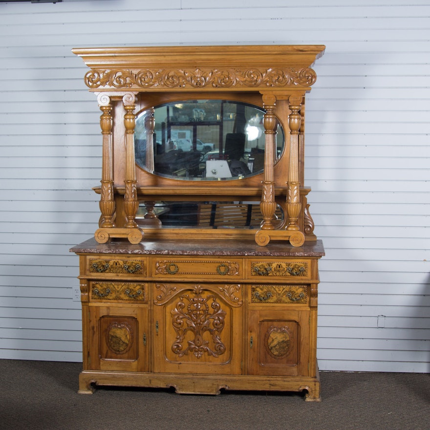 Vintage Marble Top Hutch with Mirrors