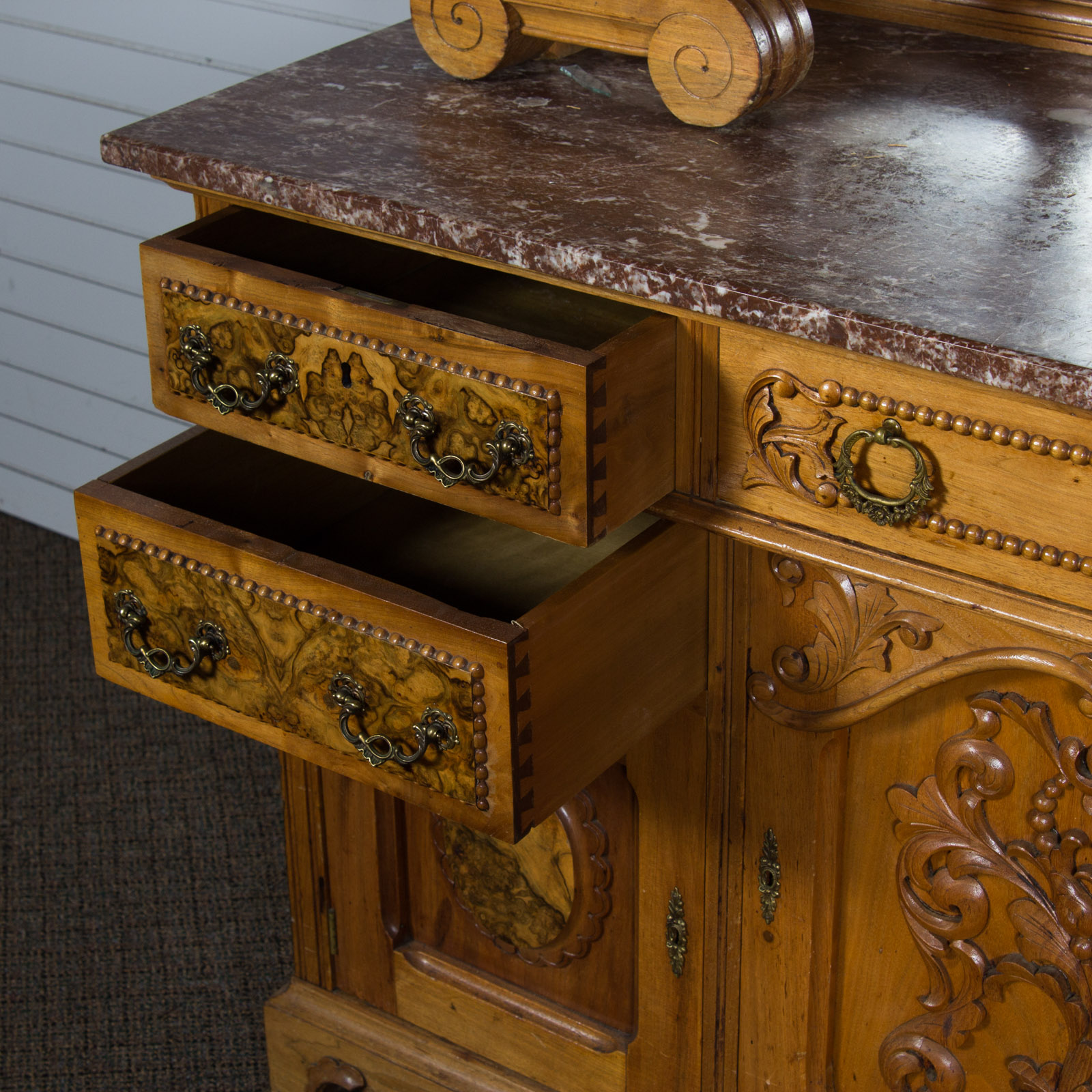 Vintage Marble Top Hutch with Mirrors