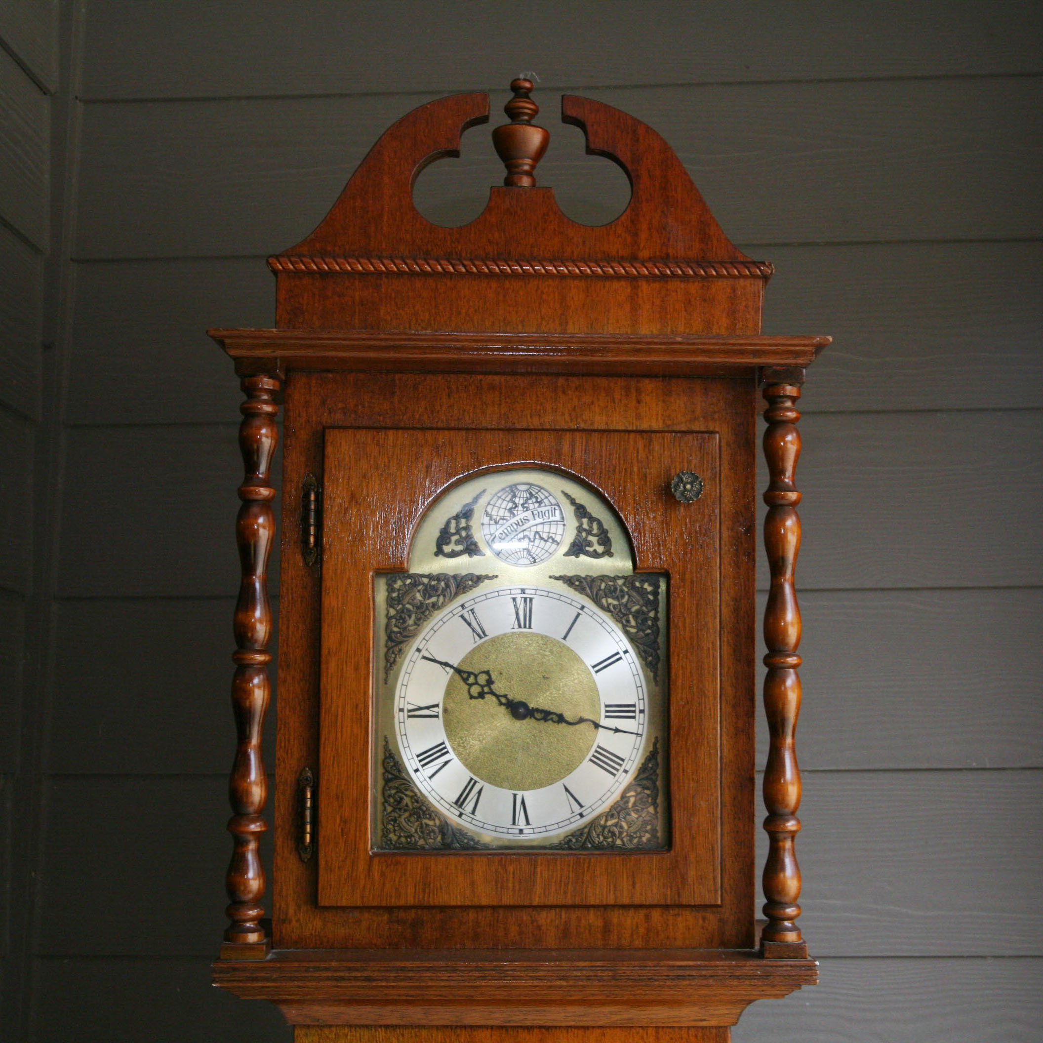 Tempus Fugit Mahogany Case Grandfather Clock