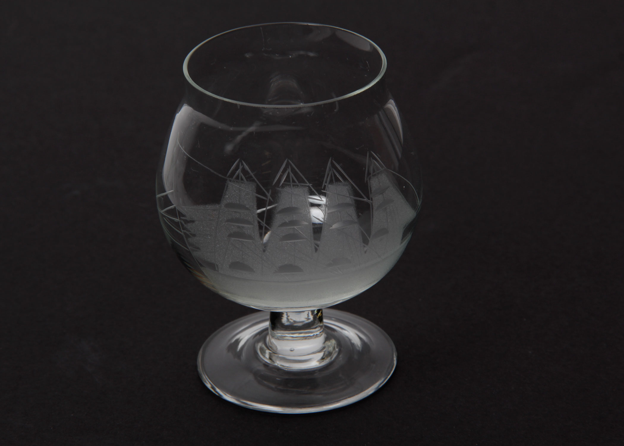 Toscany Crystal Javit Style Cognac Glasses with Wheel Cut Clipper Ship Motif