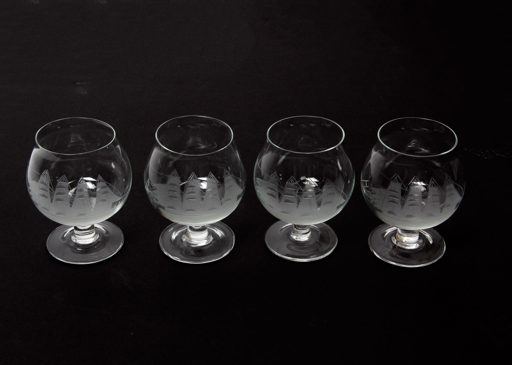 Toscany Crystal Javit Style Cognac Glasses with Wheel Cut Clipper Ship Motif