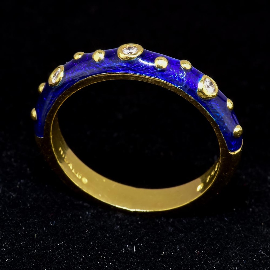 Hildago 18K Gold, Blue Enamel and Diamond Ring