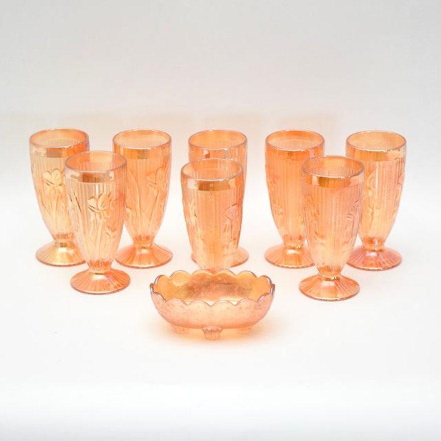 Jeanette's "Iris and Herringbone" Marigold Glass Goblets and Carnival Glass Dish