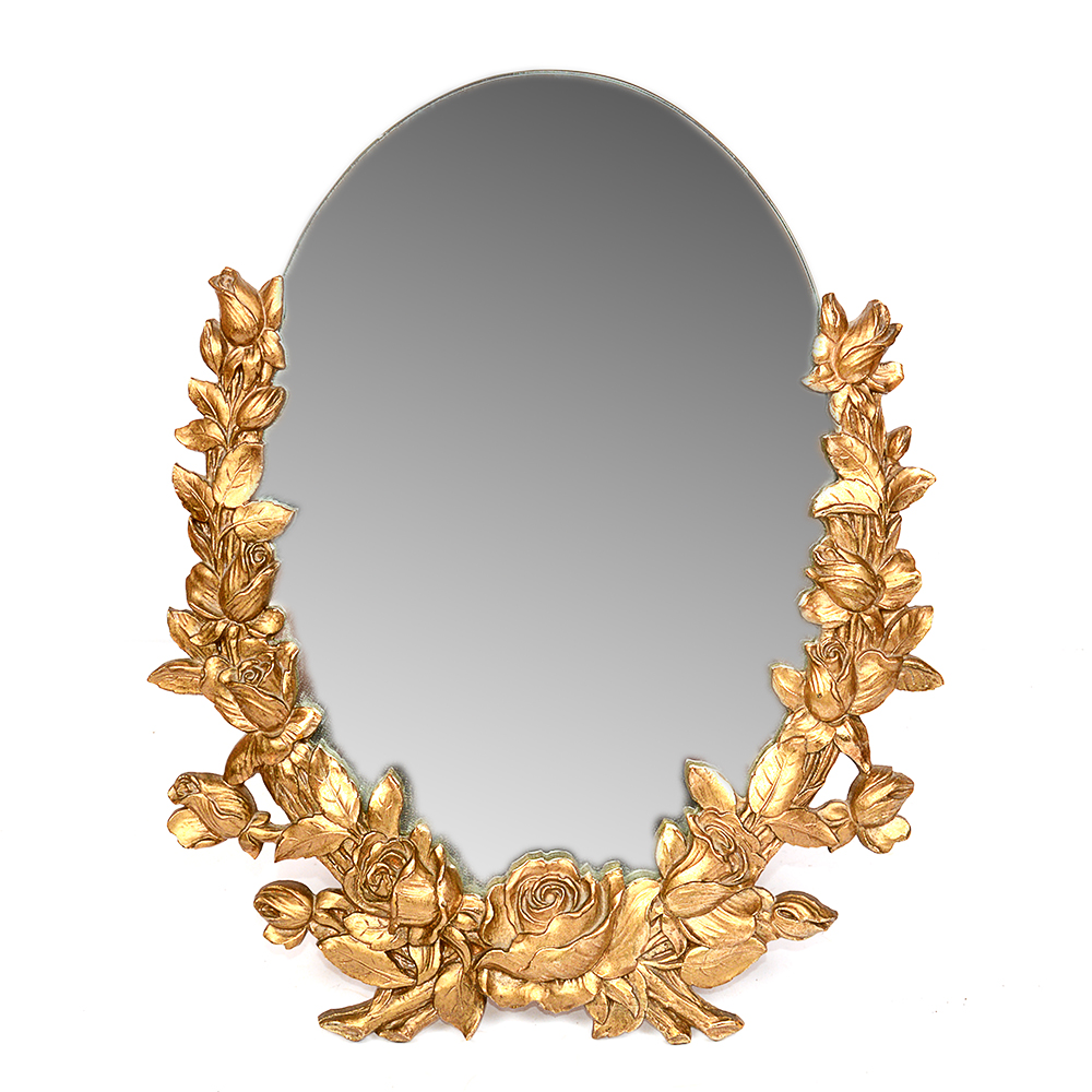 Oval Table Top Mirror with Gold Tone Floral Frame
