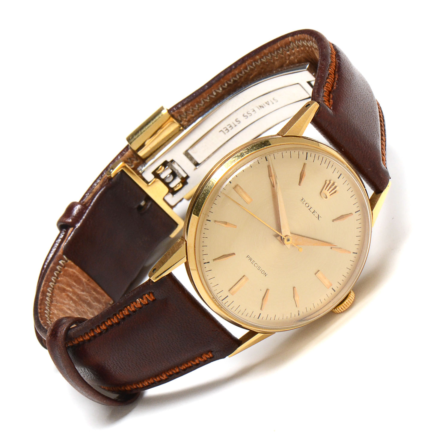 Men's Vintage Rolex 18K Gold Watch with Non-Rolex Leather and Steel Band