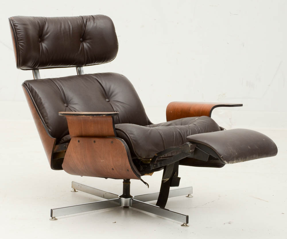 Vintage Eames-Style Walnut and Leather Recliner Chair