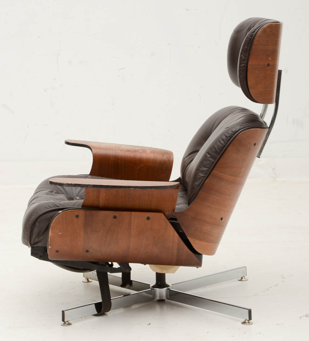Vintage Eames-Style Walnut and Leather Recliner Chair